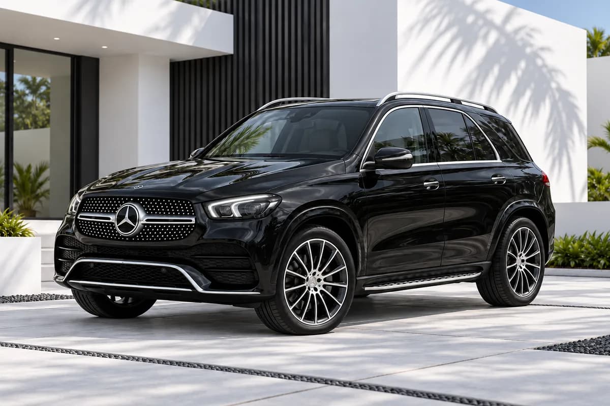 2026 Mercedes-Benz GLE 450 in Obsidian Black metallic, front three-quarter, illustrative