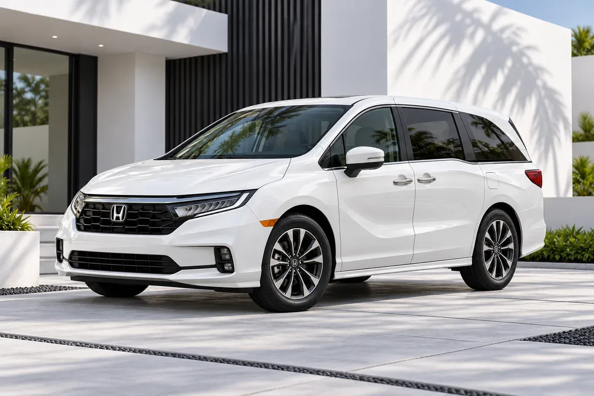 2027 Honda Odyssey in Platinum White Pearl, front three-quarter, illustrative