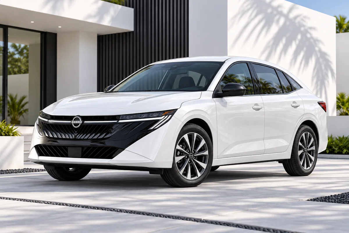 2026 Nissan Sentra in Fresh Powder, front three-quarter, illustrative